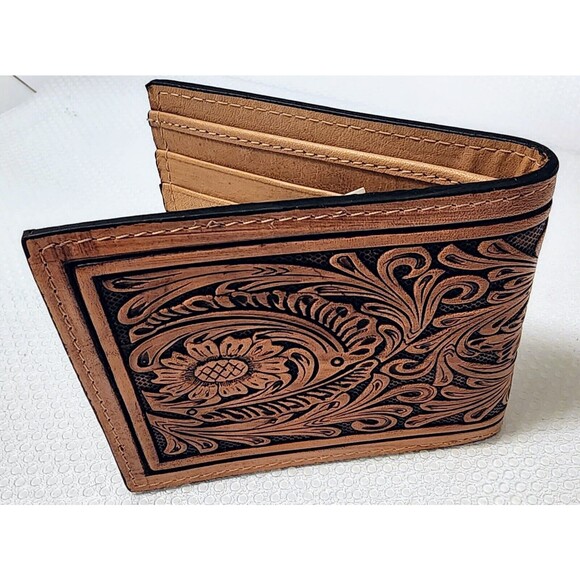 Mens Tan Leather Bi-fold Wallet Floral Tooled by Ranger Belt Company C1301B - Picture 4 of 9